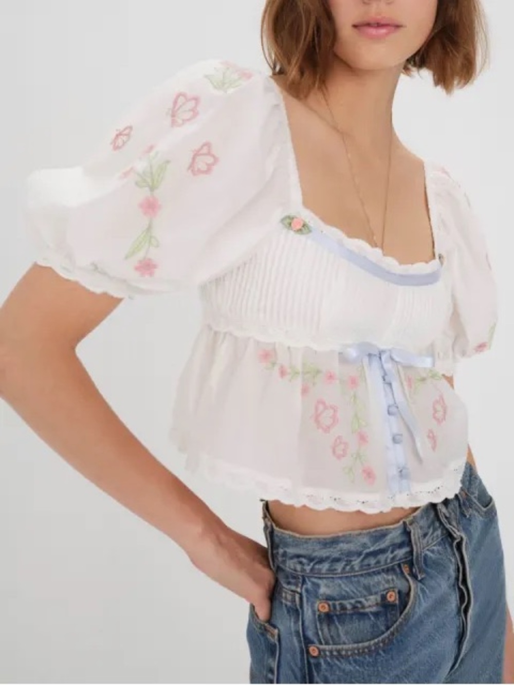 For Love And Lemons Carrington  Embroidered Puff-Sleeve Top // NWT - Picture 10 of 13